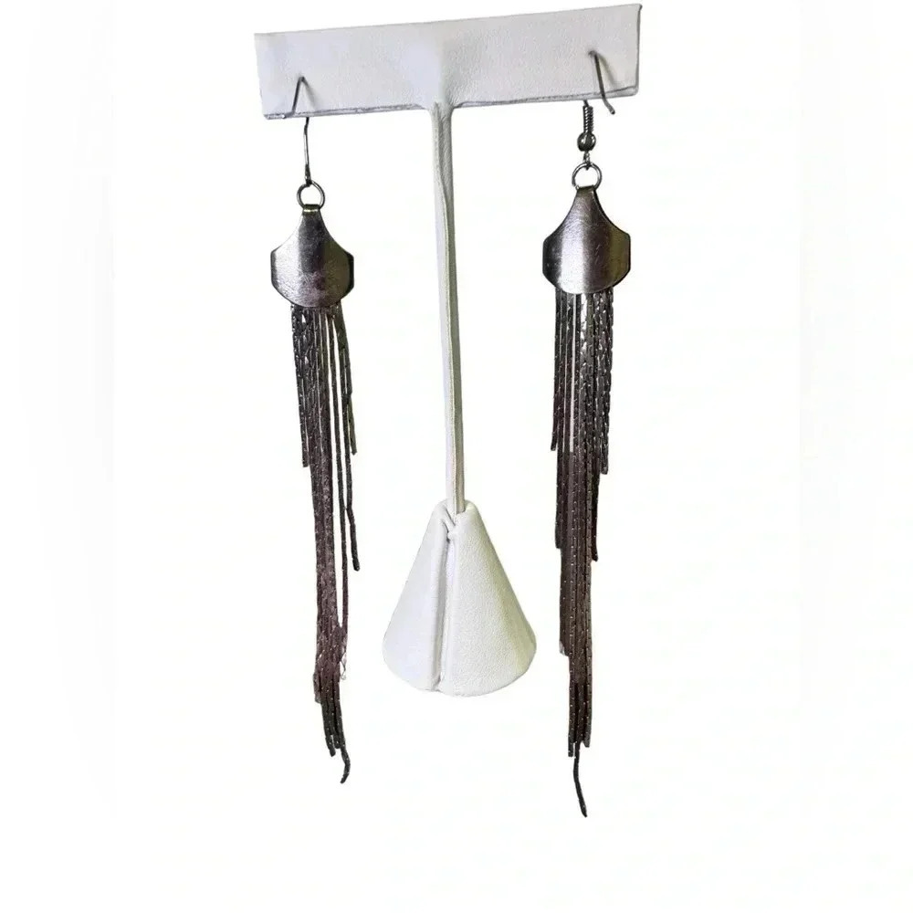 5” Stands Silver Long Dangle Drop Tassel Earrings - Sleek Chain Wedding Jewelry - Picture 3 of 7